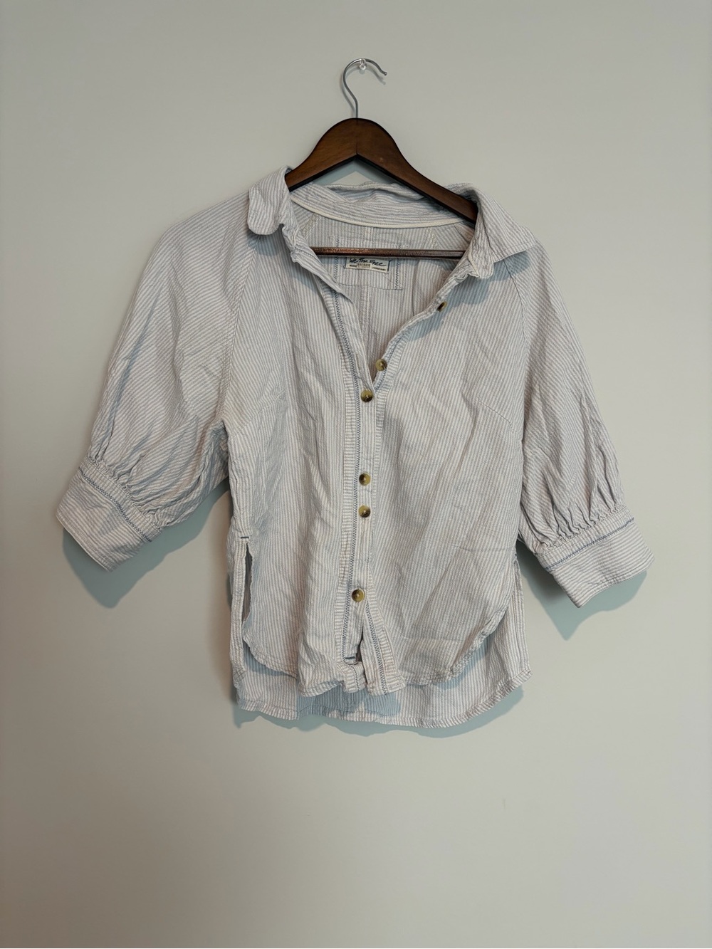 Free People We The Free Striped Button Down Puff Sleeve Boho Coastal Shirt